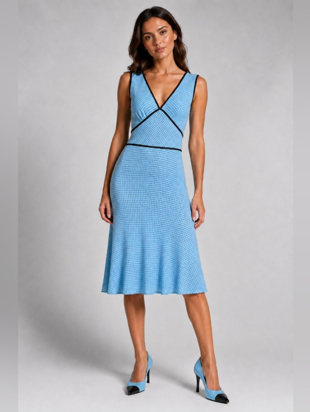ABS by Allen Schwartz Aqua Blue Grecian Bodice Polka Dot Dress-Vintage- 90s